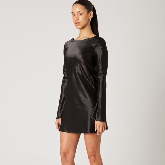 88$ NIA KIM Satin Open-Back Mini Party Dress Long Sleeves Women's Size S Black - Picture 2 of 5